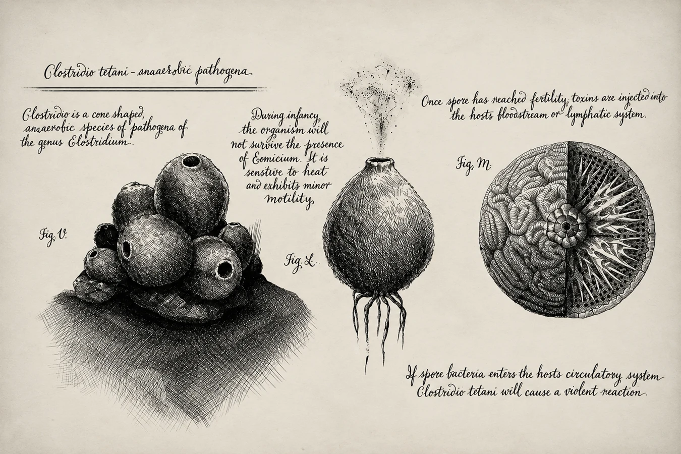 Spore pods from David's Drawings, with a cluster of holed eggs, a pod releasing motes, and a cross section