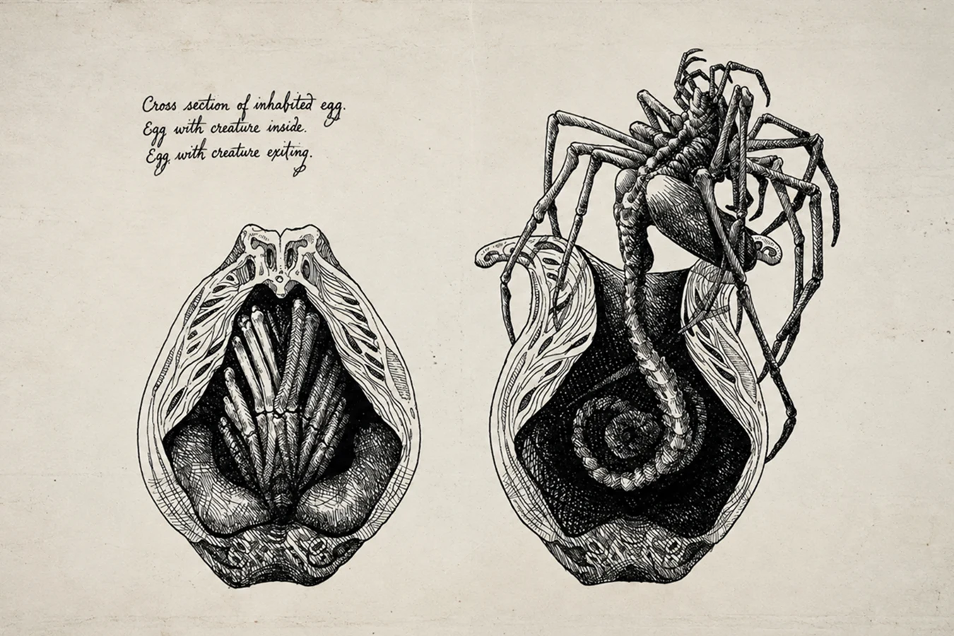 Cross section of an inhabited egg from David's Drawings, with the creature inside and then leaving