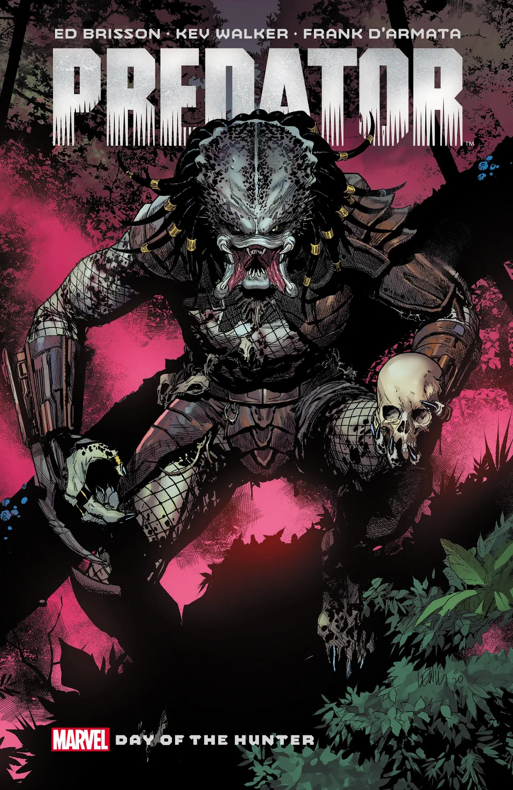Cover of the Predator: Day of the Hunter collection, with a Predator gripping a human skull in a pink-lit jungle