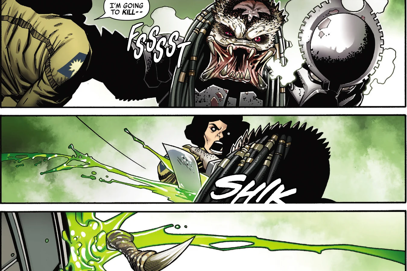 Francesca Berwick cuts off one of the Predator's mandible tusks in a spray of green blood in Predator: Day of the Hunter