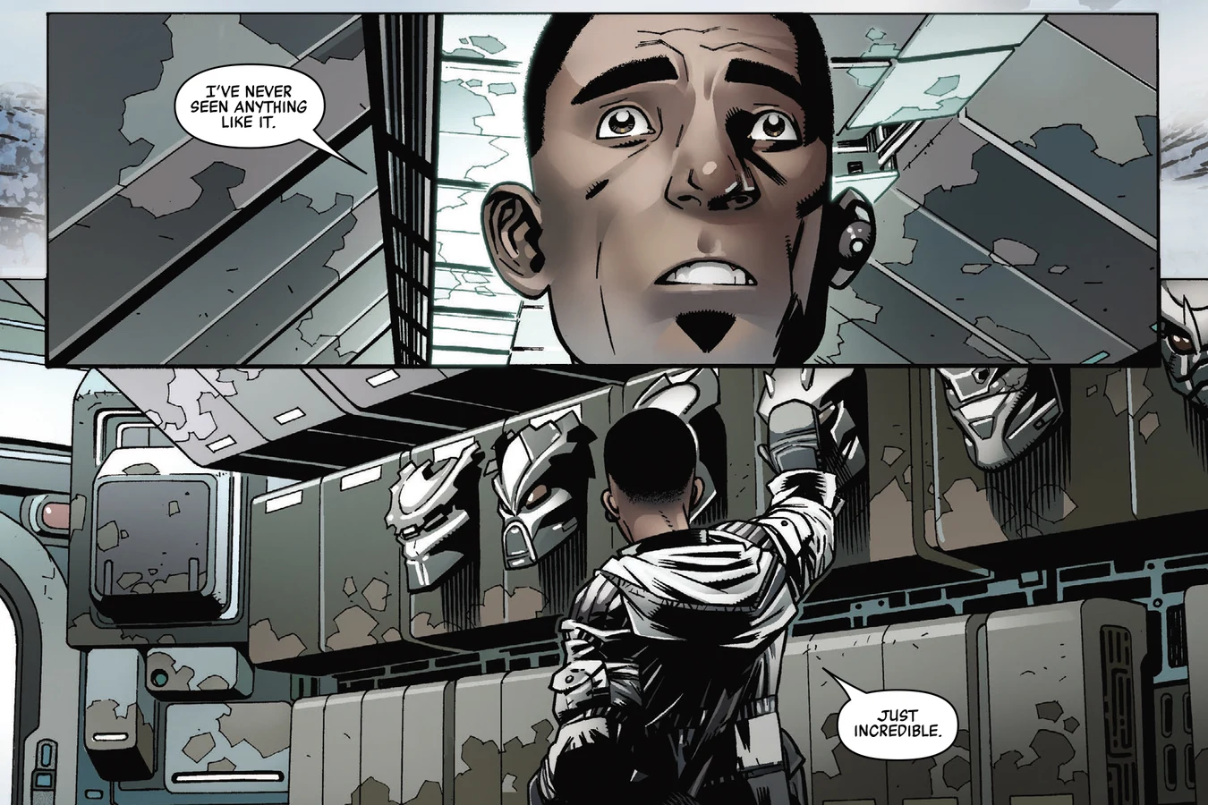 Paolo Silva stares at the Predator masks on Theta Berwick's trophy wall aboard the Sandpiper in Predator: Day of the Hunter