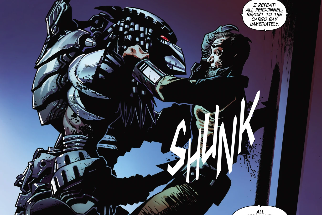 A Predator impales a Turnstone crewman with its wrist blades during the attack in Predator: Day of the Hunter