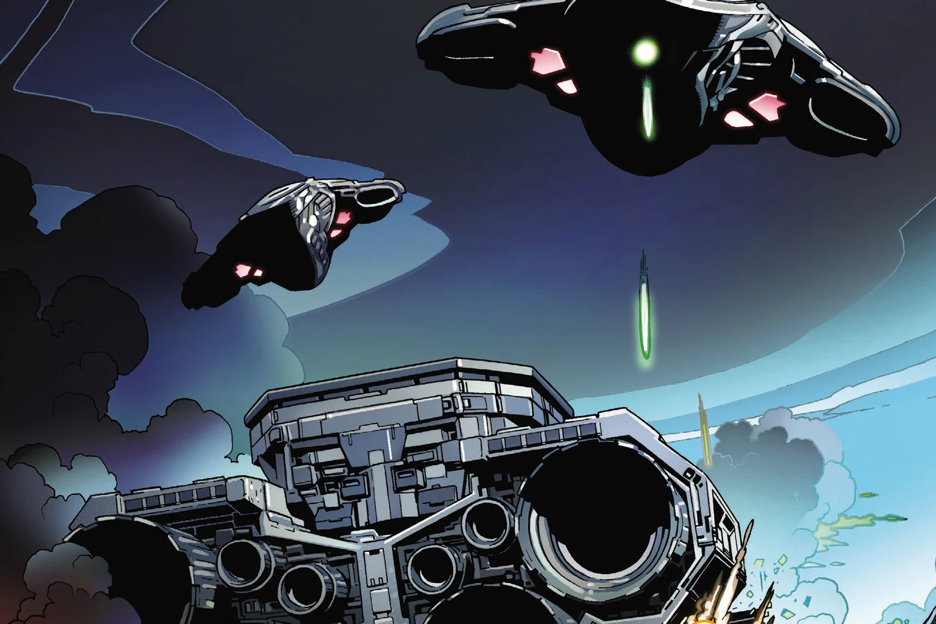 Two Predator ships fire on the Sandpiper above Tusket in Predator: Day of the Hunter