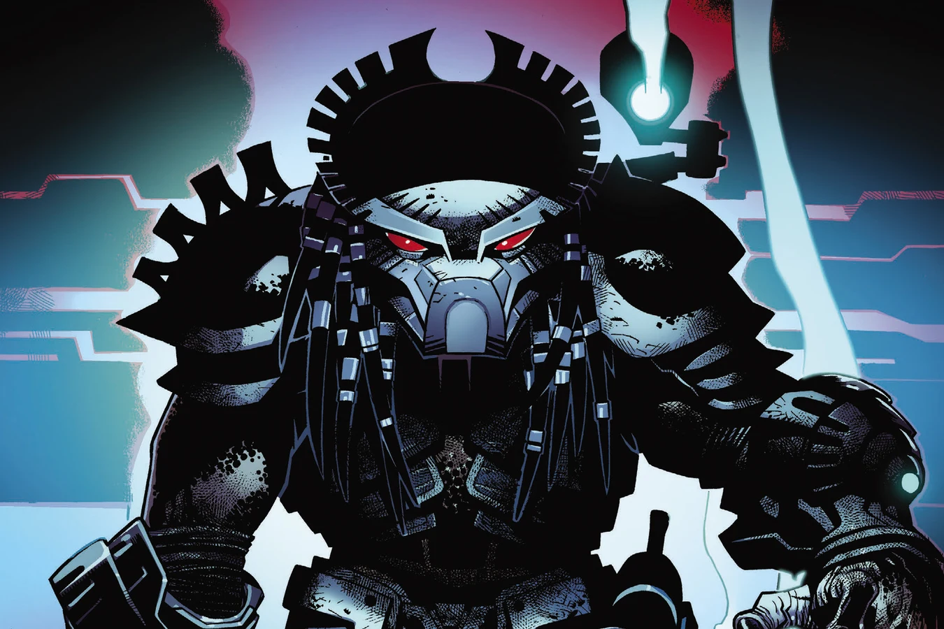 A Predator in spiked armor walks over the bodies of Turnstone soldiers in Predator: Day of the Hunter
