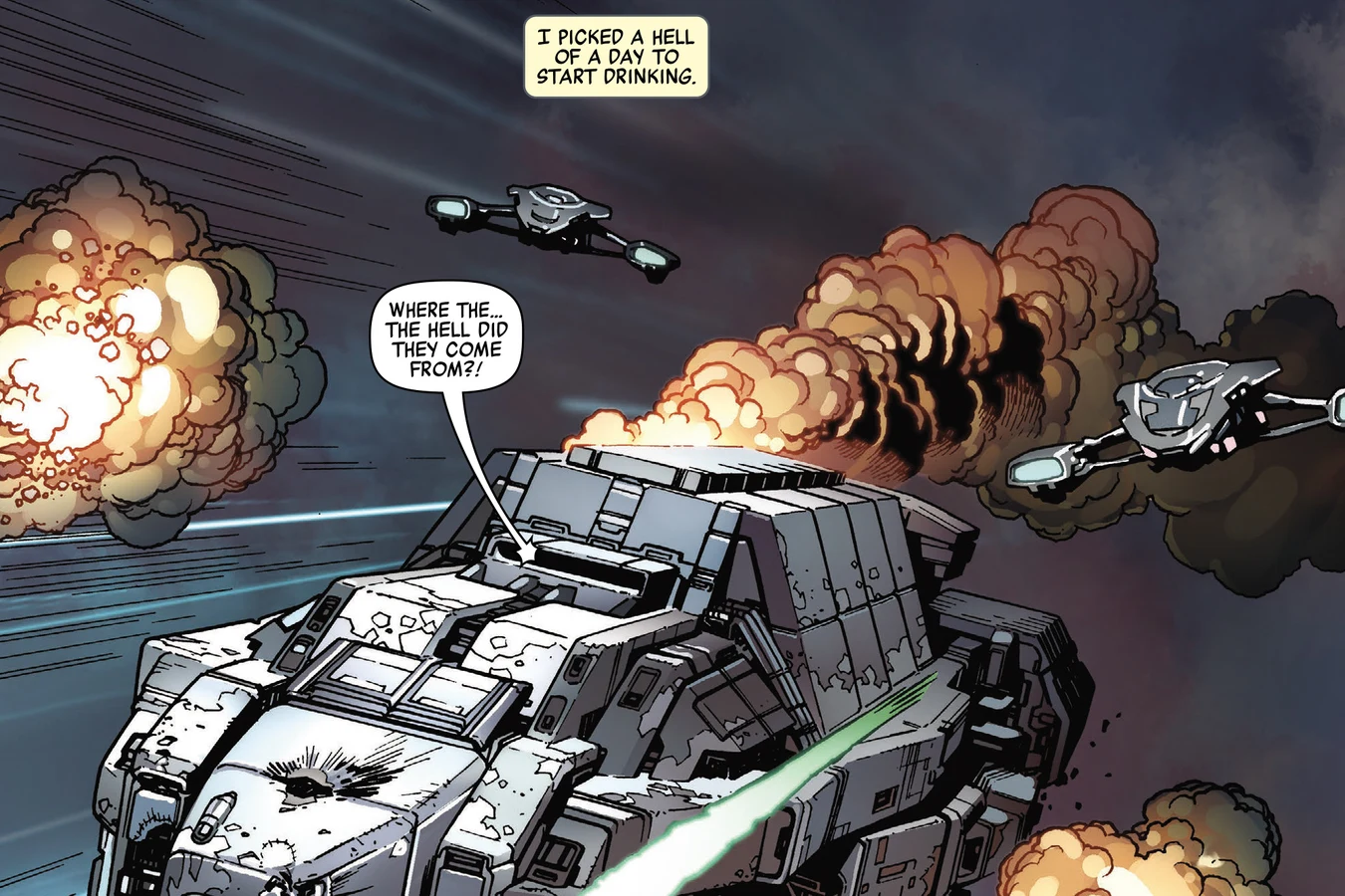 The Sandpiper flies through explosions while Predator ships attack it over Tusket in Predator: Day of the Hunter