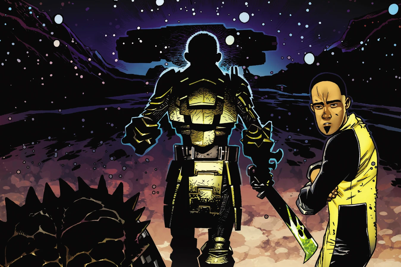 Theta Berwick in her armor and Paolo Silva walk away from the dead three-mandibled Predator in Predator: Day of the Hunter