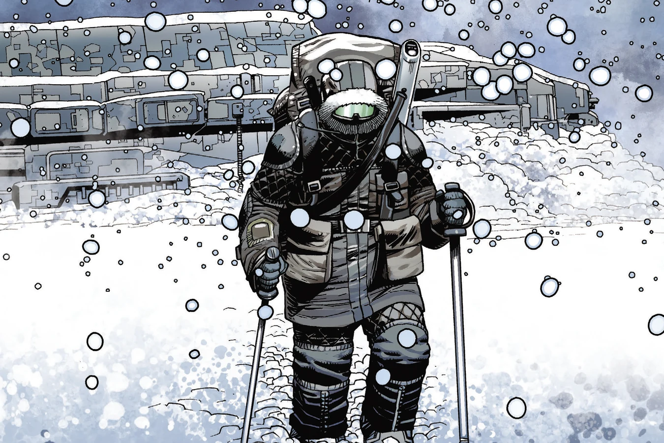 Theta Berwick in cold-weather gear and goggles trekking through the snow of Tusket on Day One in Predator: Day of the Hunter