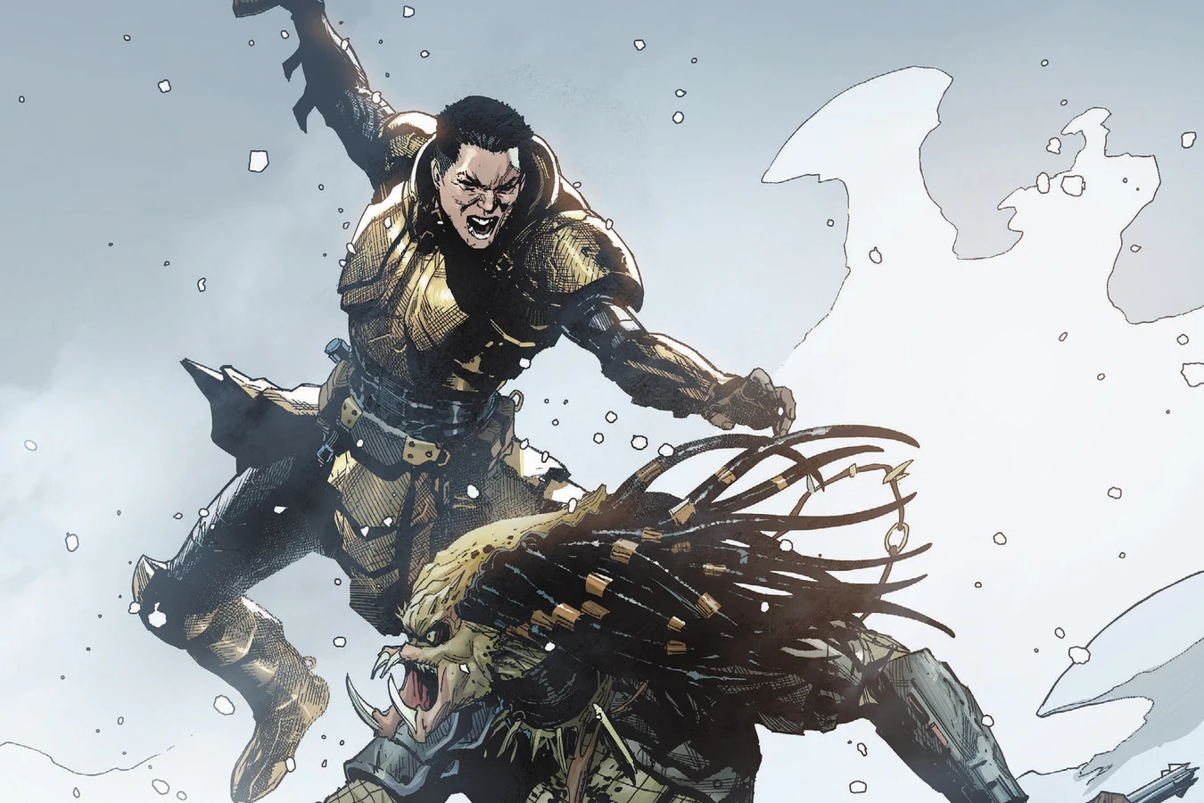 Theta Berwick in gold Predator armor leaps at a Predator with a raised blade on the Predator #2 cover by Leinil Francis Yu