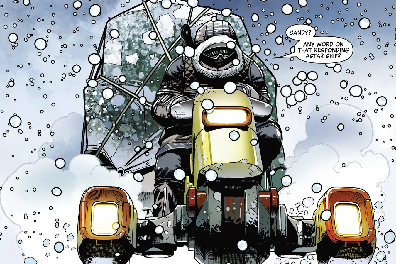 Theta Berwick hauling salvage from Port Medway on the yellow hoverbike through the snow in Predator: Day of the Hunter