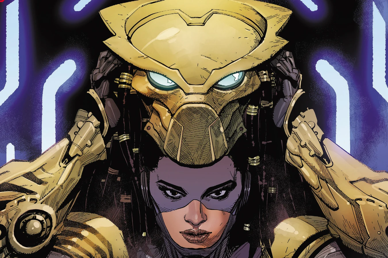 Theta Berwick lifts a gold Predator helmet onto her head on the Predator #3 cover by Leinil Francis Yu