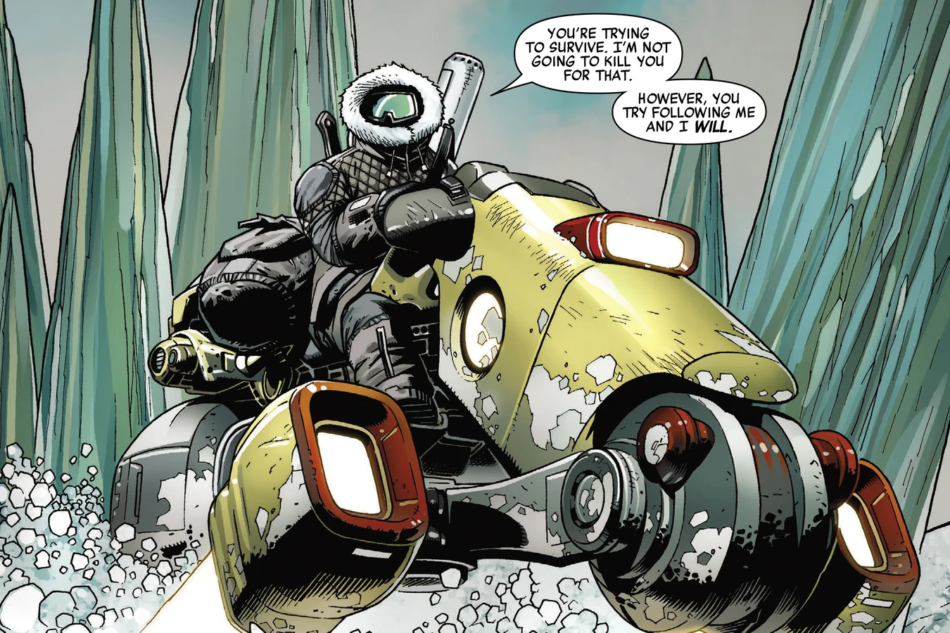 Theta Berwick riding a yellow Astar hoverbike between ice spires on Tusket in Predator: Day of the Hunter