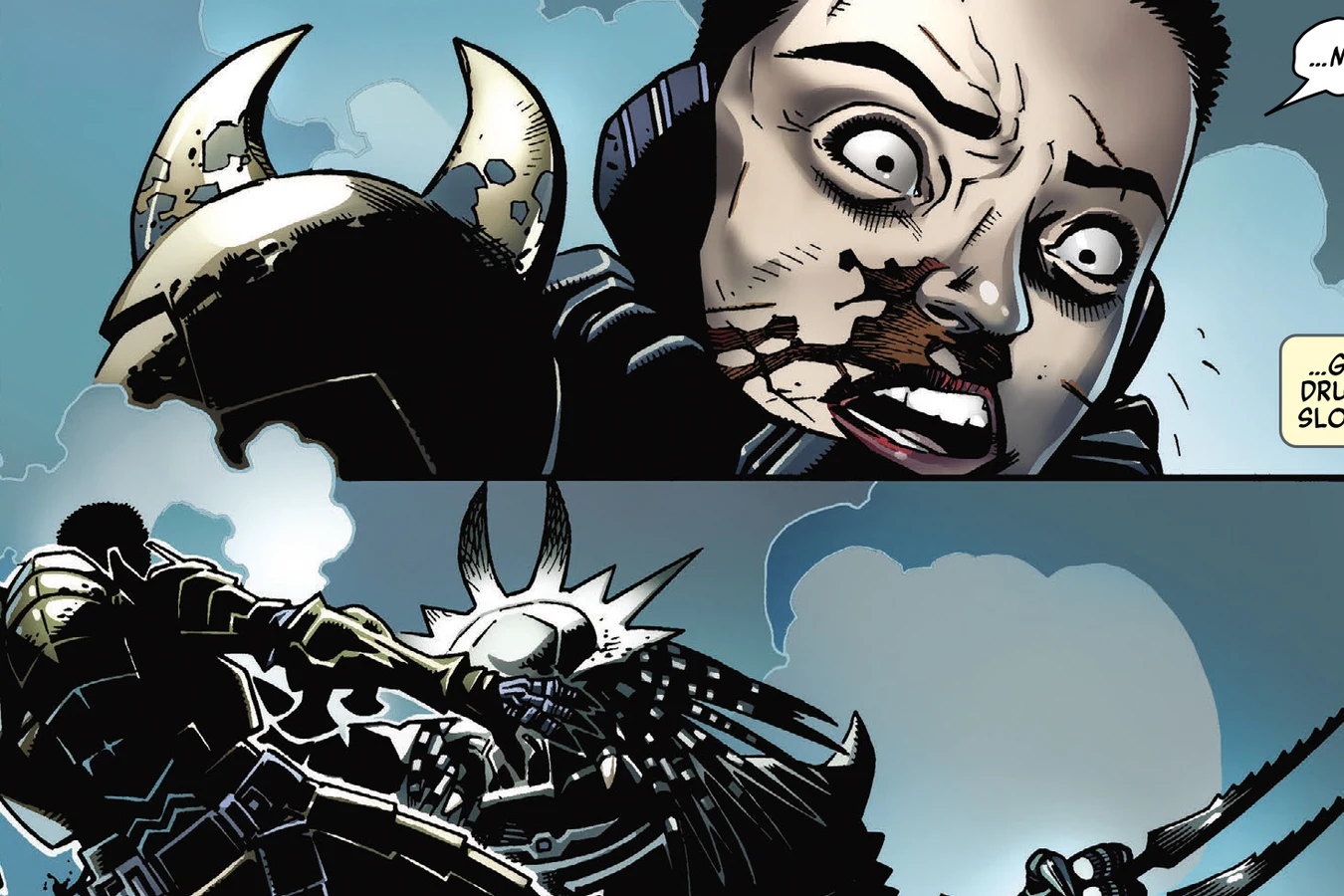 A bloodied Theta Berwick loses her mask while the armored Predator attacks with wrist blades in Predator: Day of the Hunter