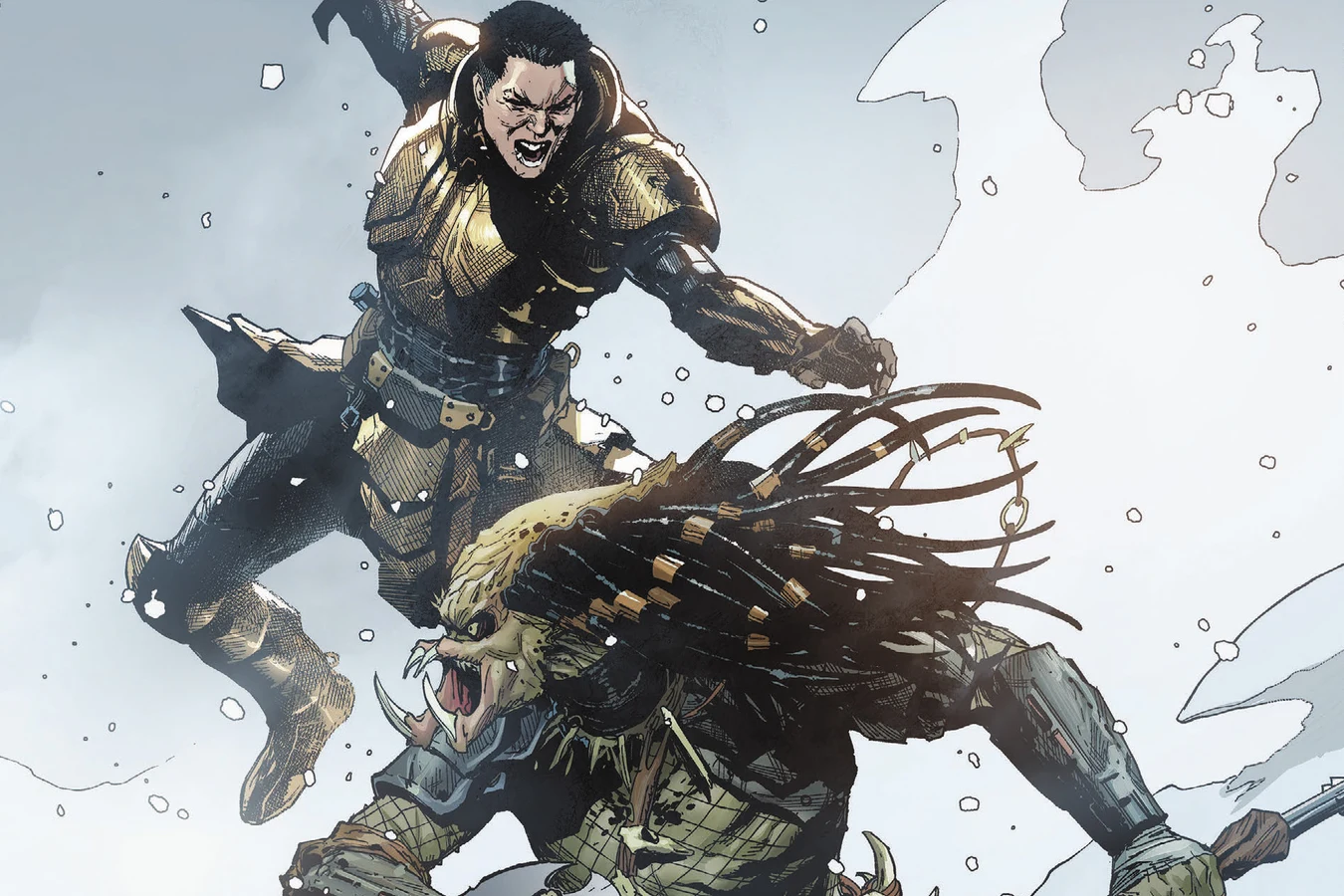 Theta duels an armored Predator on the rocks of Tusket in Predator: Day of the Hunter