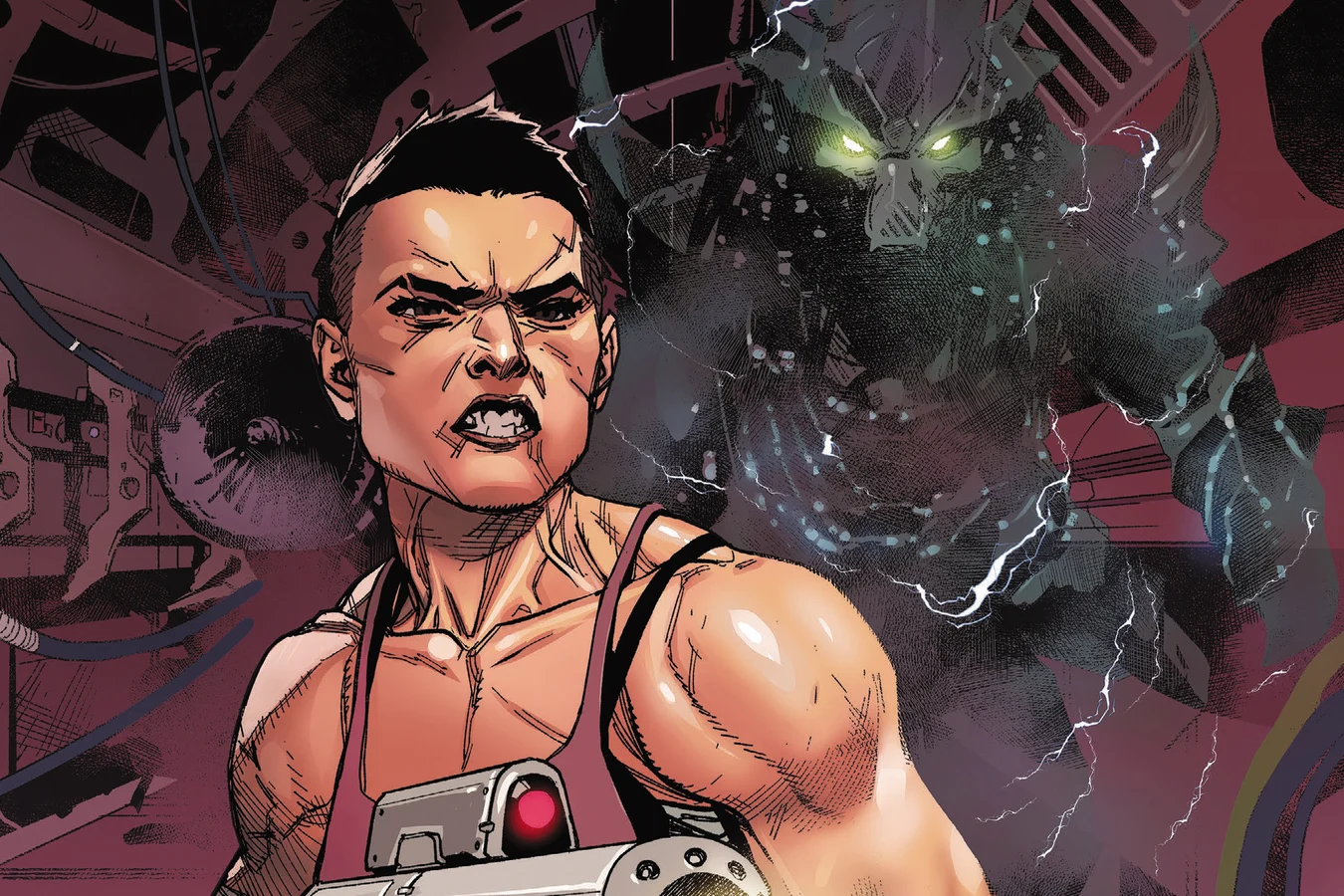 Theta Berwick holds a plasma rifle in front of a Predator on the Predator #4 cover by Leinil Francis Yu