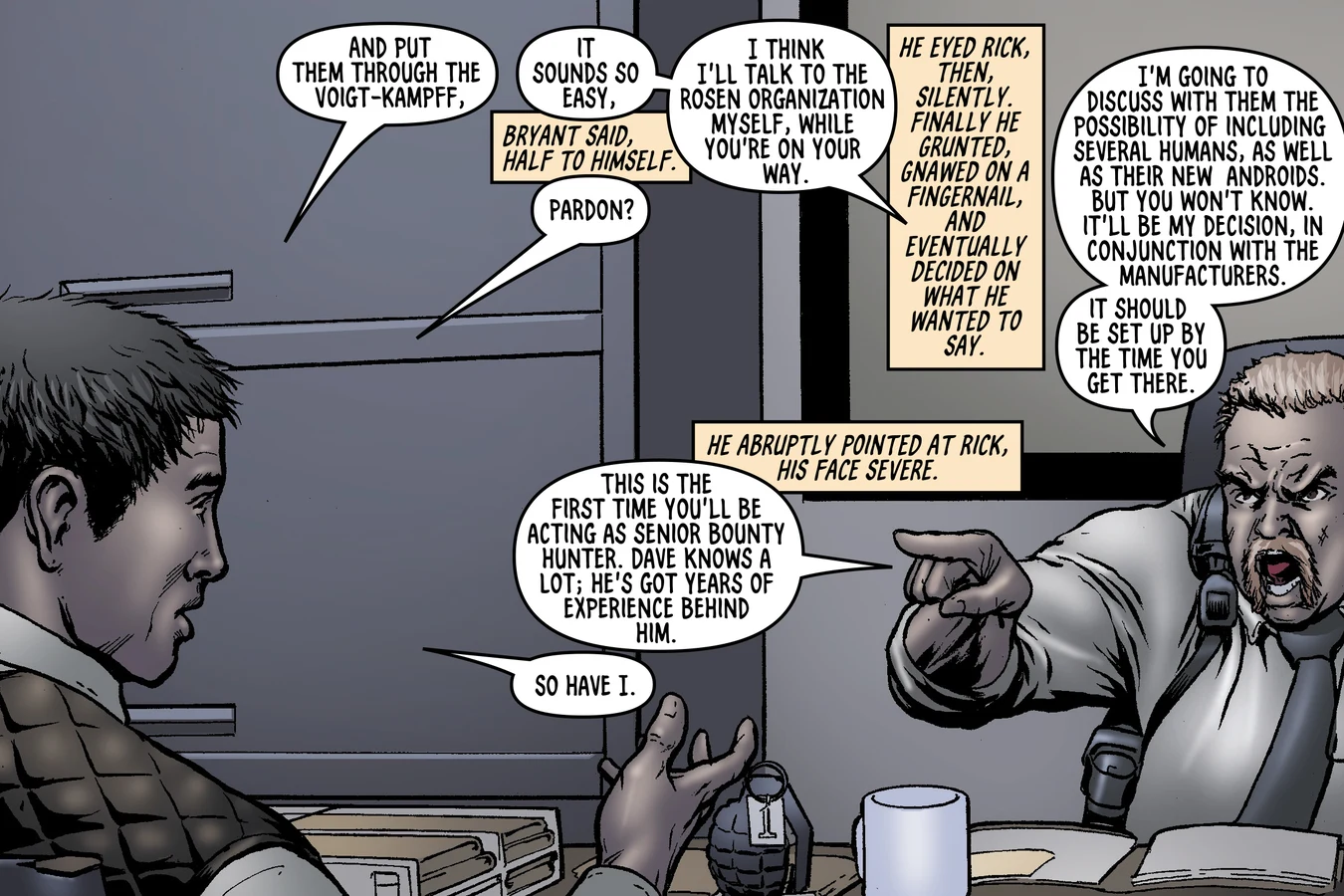 Inspector Harry Bryant briefing Rick Deckard at the San Francisco Hall of Justice in BOOM! Studios' Do Androids Dream of Electric Sheep?