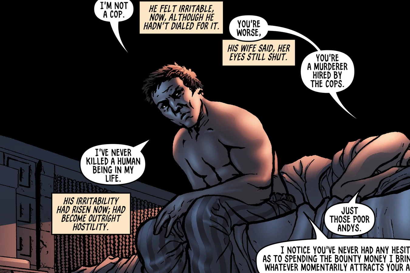 Rick Deckard and his wife Iran arguing in bed beside the Penfield mood organ in BOOM! Studios' Do Androids Dream of Electric Sheep?