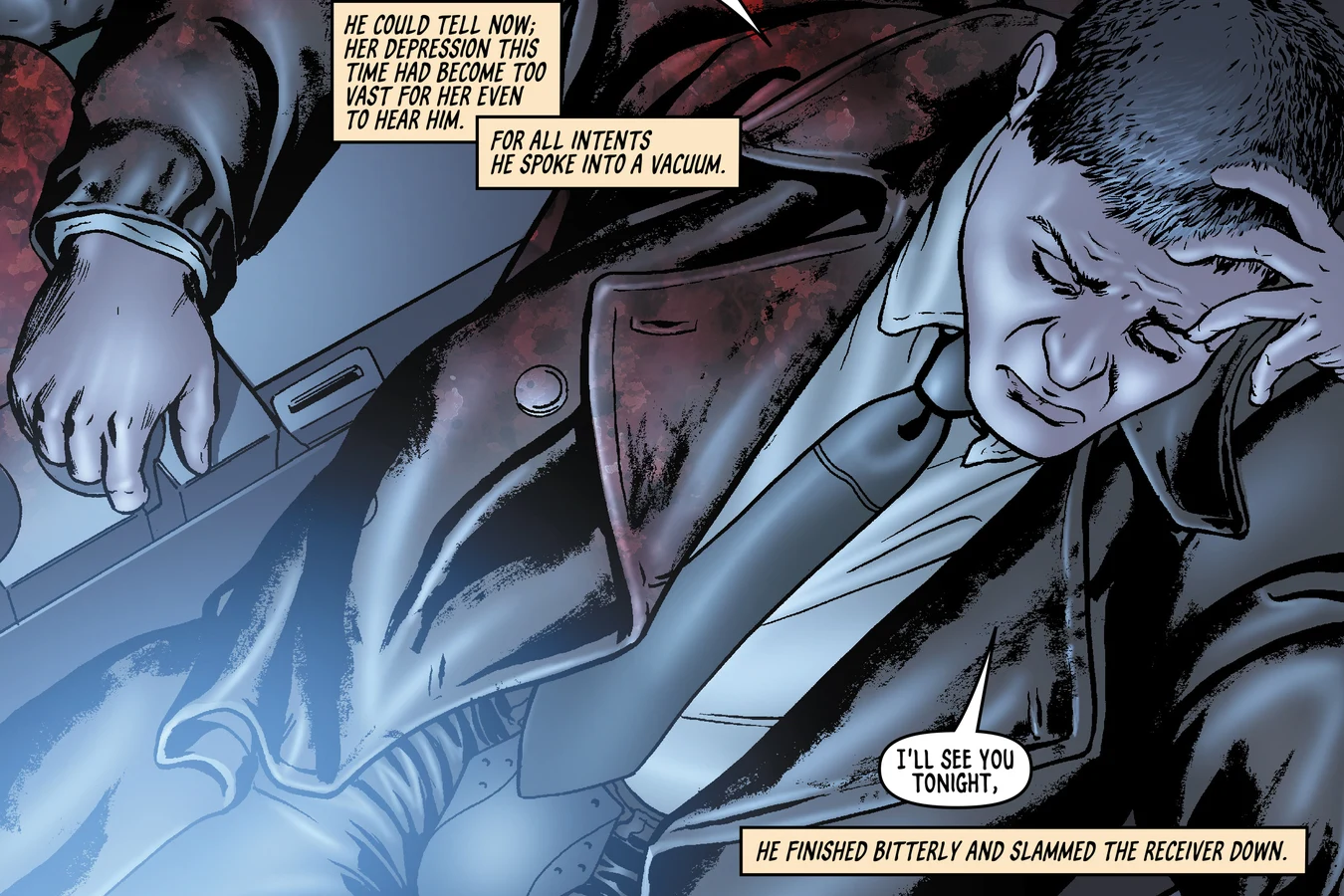 Rick Deckard calling his wife Iran on the car vidphone after retiring Polokov in BOOM! Studios' Do Androids Dream of Electric Sheep?