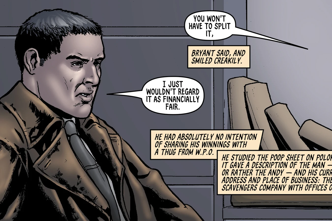 Rick Deckard reading Max Polokov's file in Inspector Bryant's office in BOOM! Studios' Do Androids Dream of Electric Sheep?