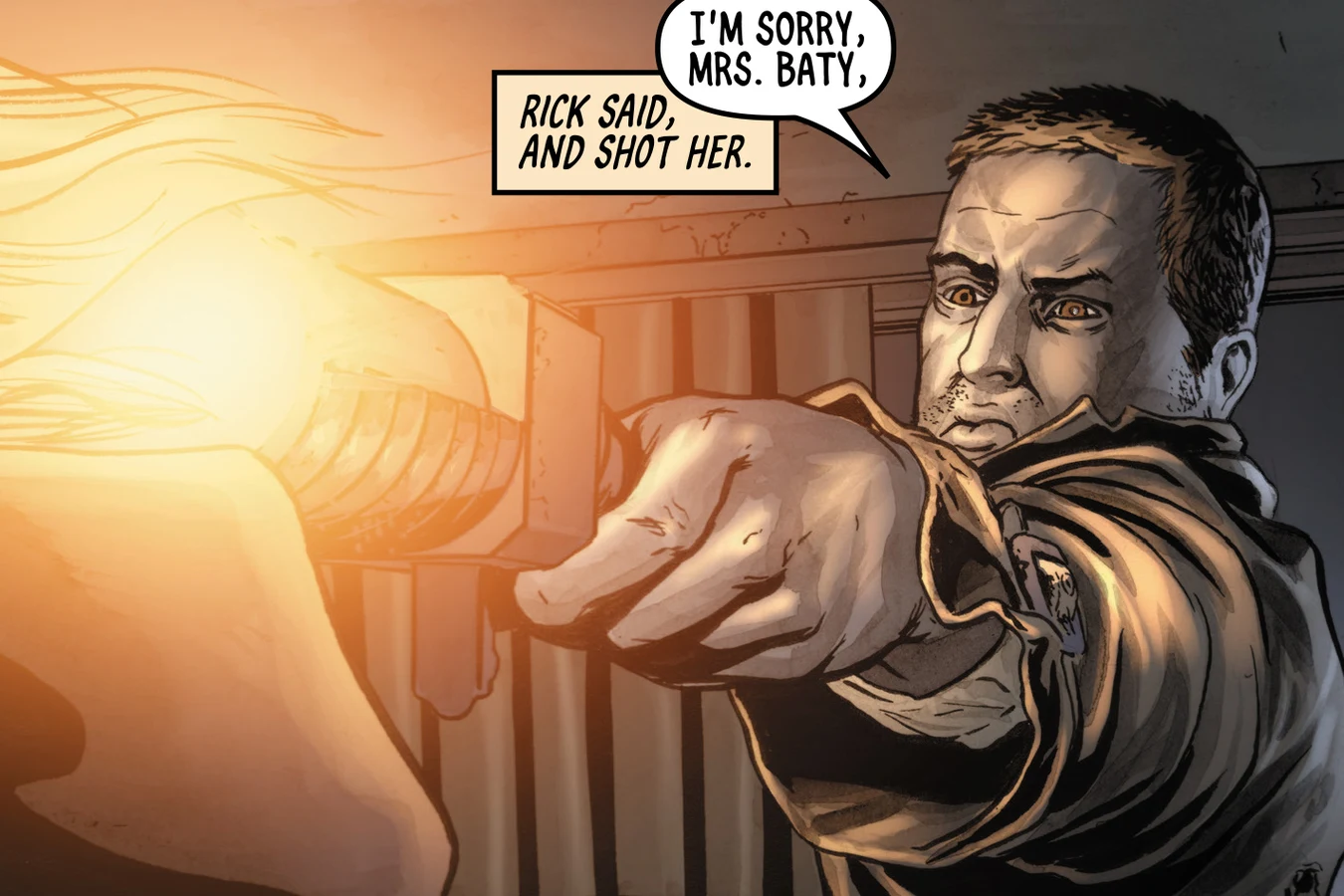 Rick Deckard firing on Irmgard Baty and saying he is sorry in BOOM! Studios' Do Androids Dream of Electric Sheep?