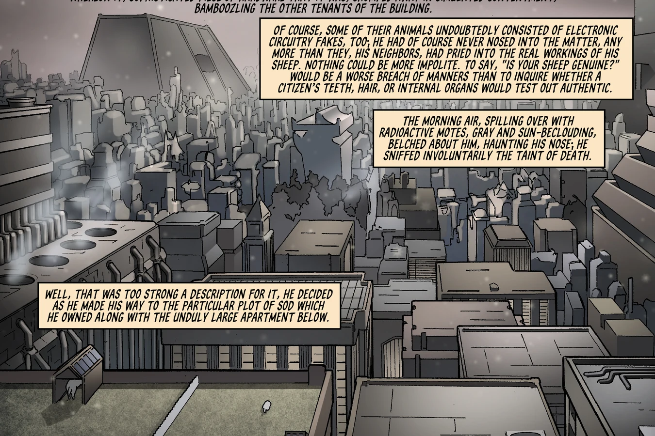 Rick Deckard's electric sheep grazing in its pen on the apartment building roof in BOOM! Studios' Do Androids Dream of Electric Sheep?