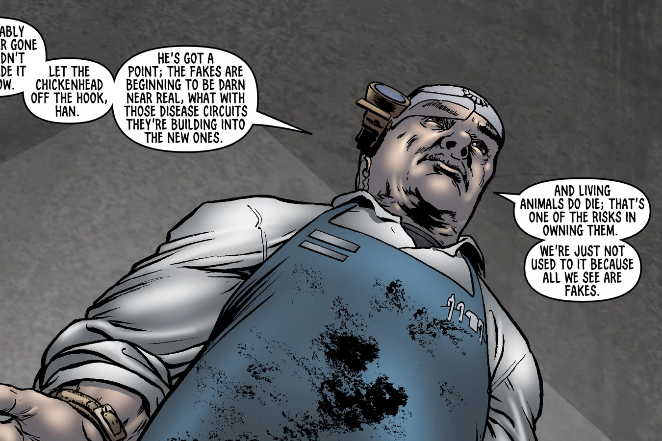 Hannibal Sloat in his work apron examining the dead cat in BOOM! Studios' Do Androids Dream of Electric Sheep?