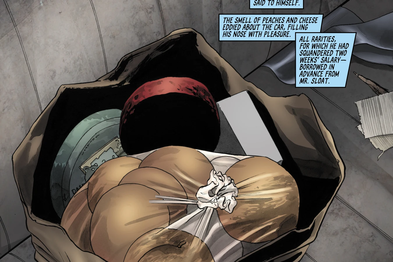 J.R. Isidore arriving at Pris Stratton's door with a bag of food and wine in BOOM! Studios' Do Androids Dream of Electric Sheep?