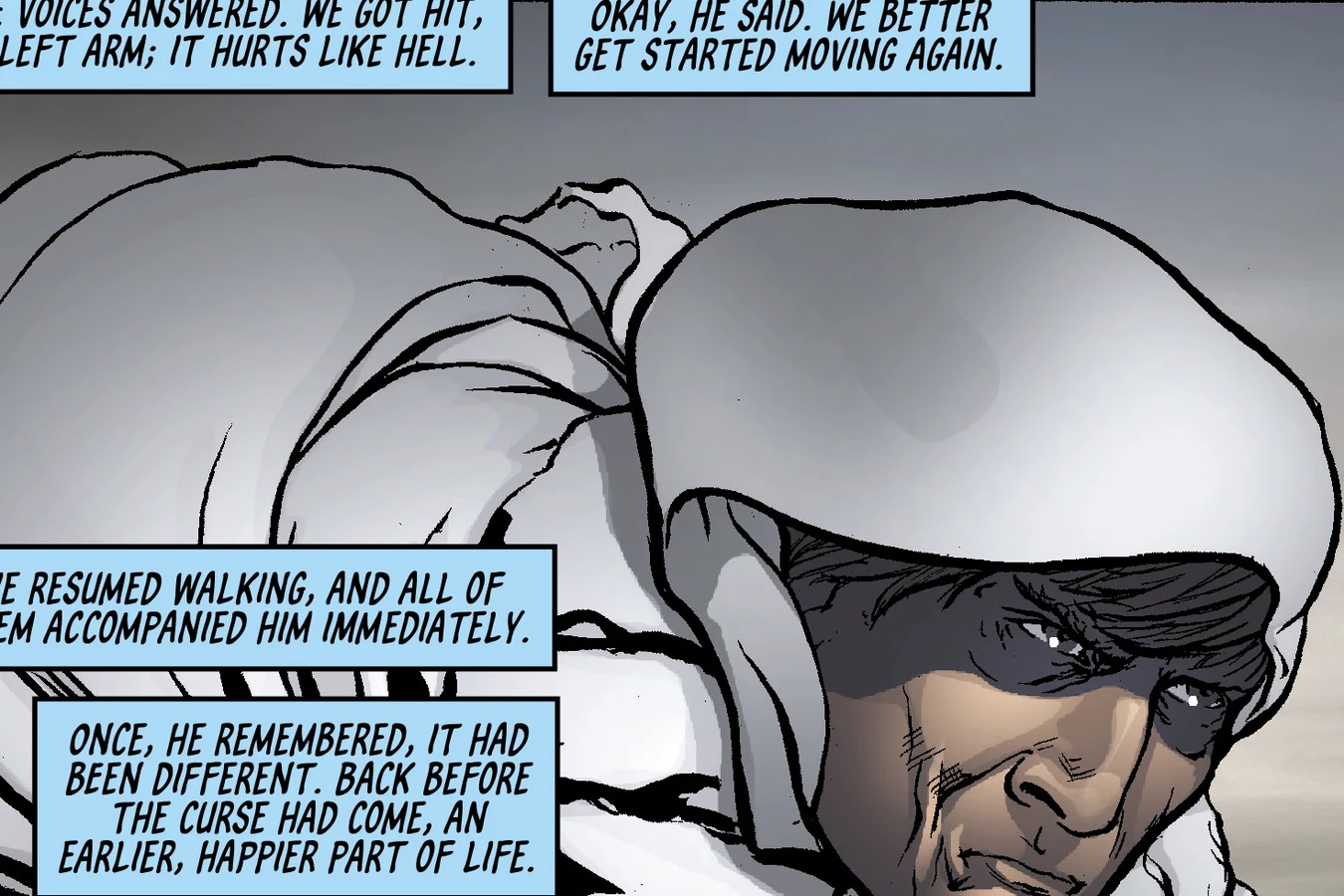 J.R. Isidore holding the handles of his empathy box as a stone strikes Mercer on the left arm in BOOM! Studios' Do Androids Dream of Electric Sheep?