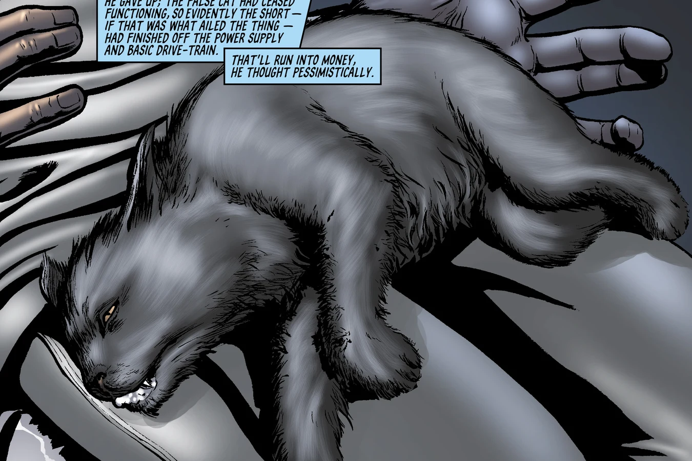 J.R. Isidore holding the sick cat in the cab of his pickup truck in BOOM! Studios' Do Androids Dream of Electric Sheep?