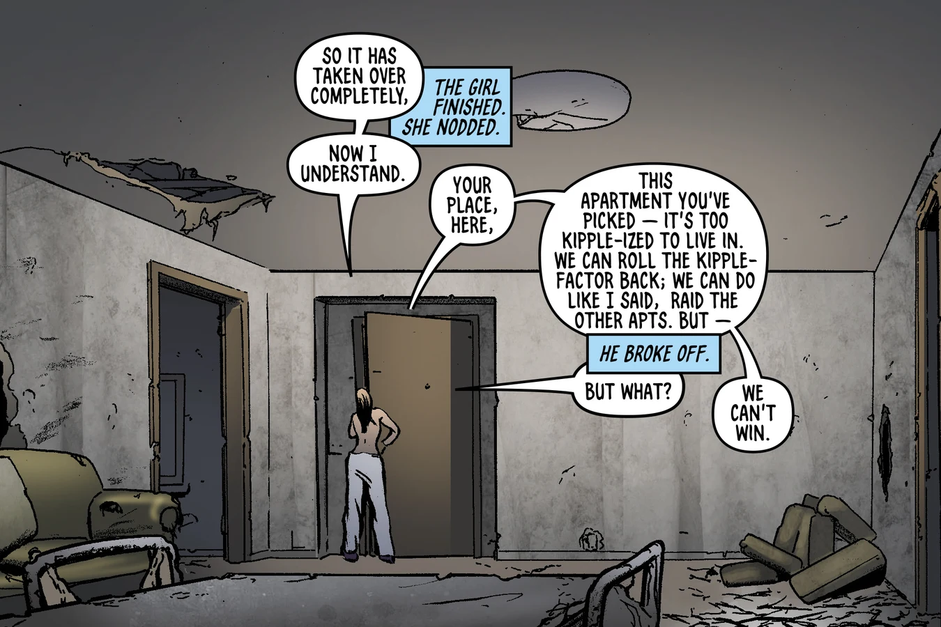Pris Stratton facing J.R. Isidore in her kipple-filled apartment in BOOM! Studios' Do Androids Dream of Electric Sheep?