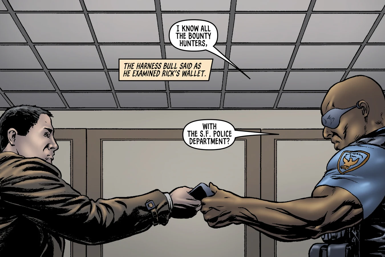 Officer Crams arresting Rick Deckard in Luba Luft's dressing room in BOOM! Studios' Do Androids Dream of Electric Sheep?