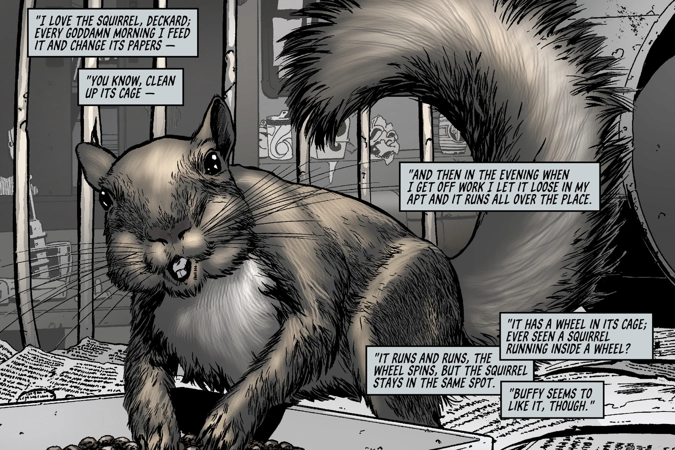 Phil Resch telling Rick Deckard about his pet squirrel during their flight in BOOM! Studios' Do Androids Dream of Electric Sheep?