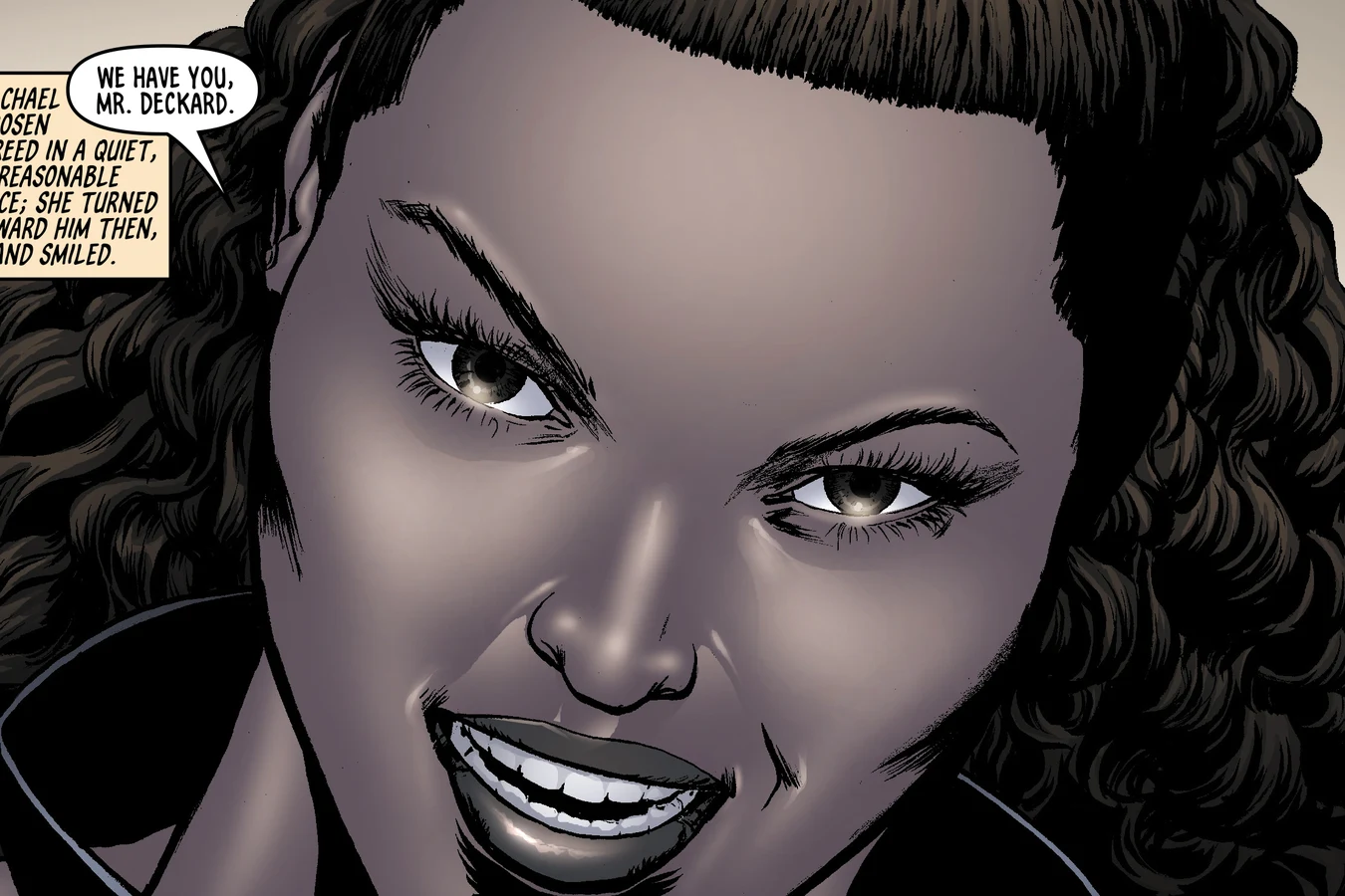 Rachael Rosen smiling after the test as the Rosens tell Deckard they have him in BOOM! Studios' Do Androids Dream of Electric Sheep?