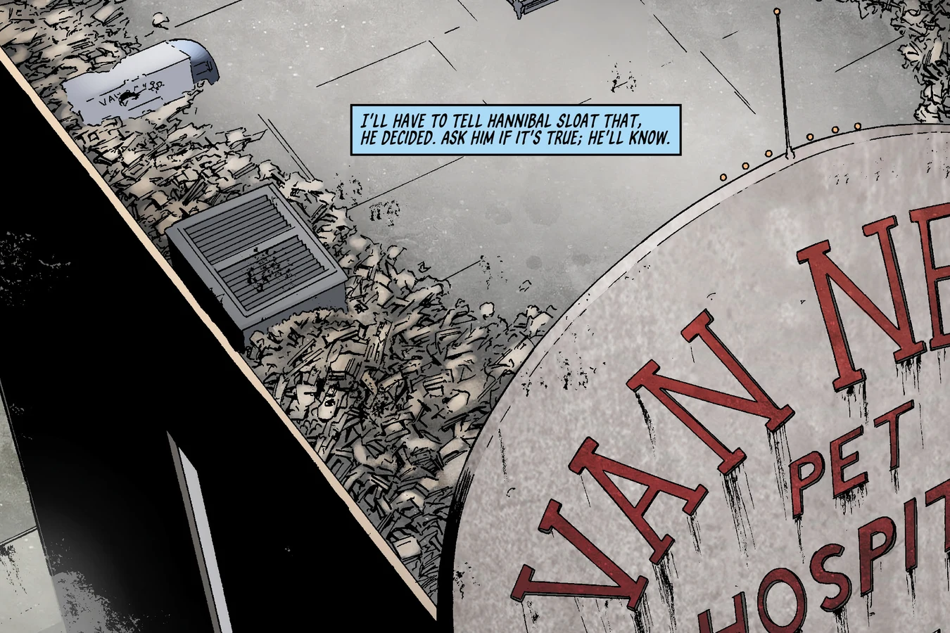 The rooftop sign of the Van Ness Pet Hospital in BOOM! Studios' Do Androids Dream of Electric Sheep?