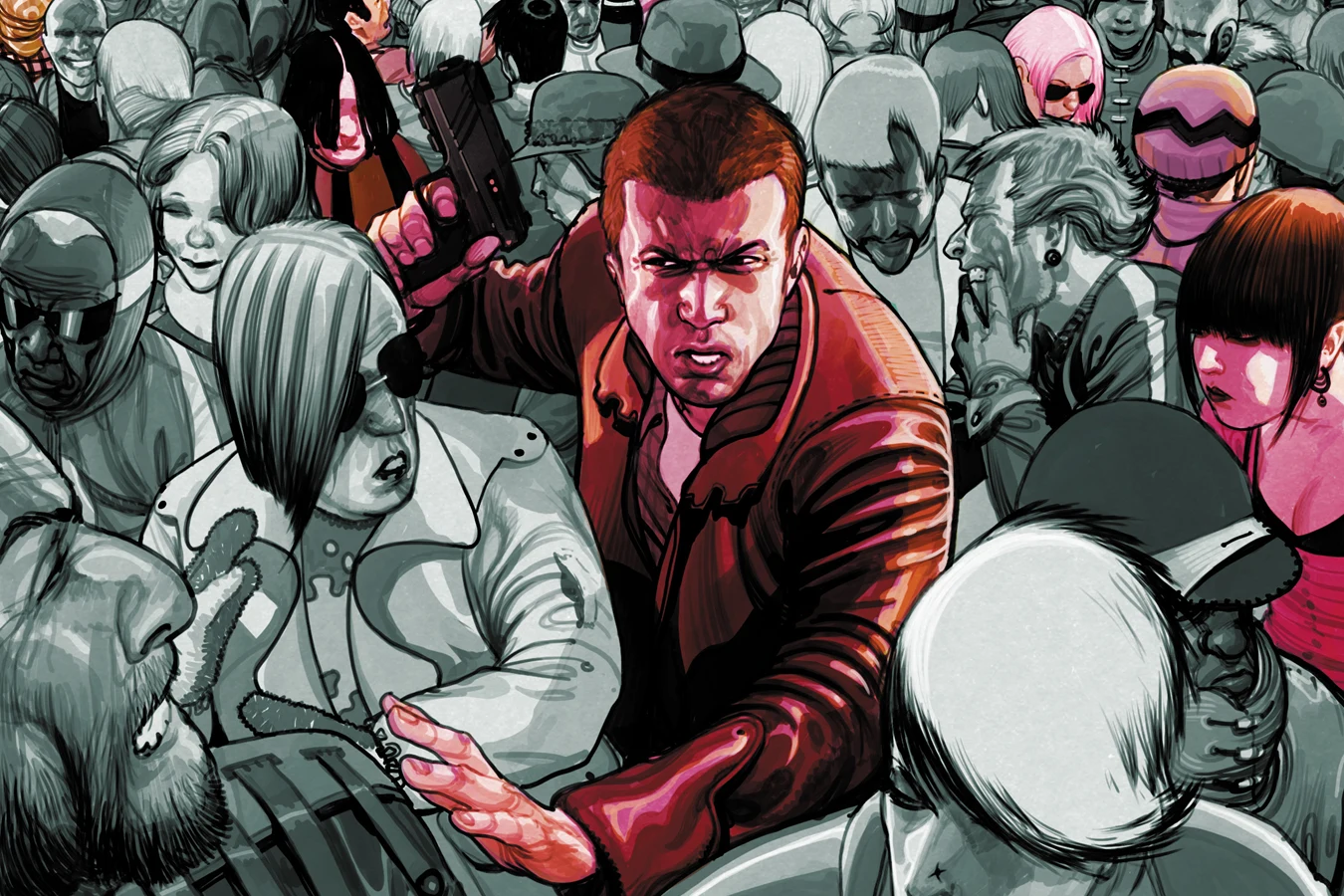 Rick Deckard in a crowd with a pistol raised, from the BOOM! Studios Do Androids Dream of Electric Sheep? comic