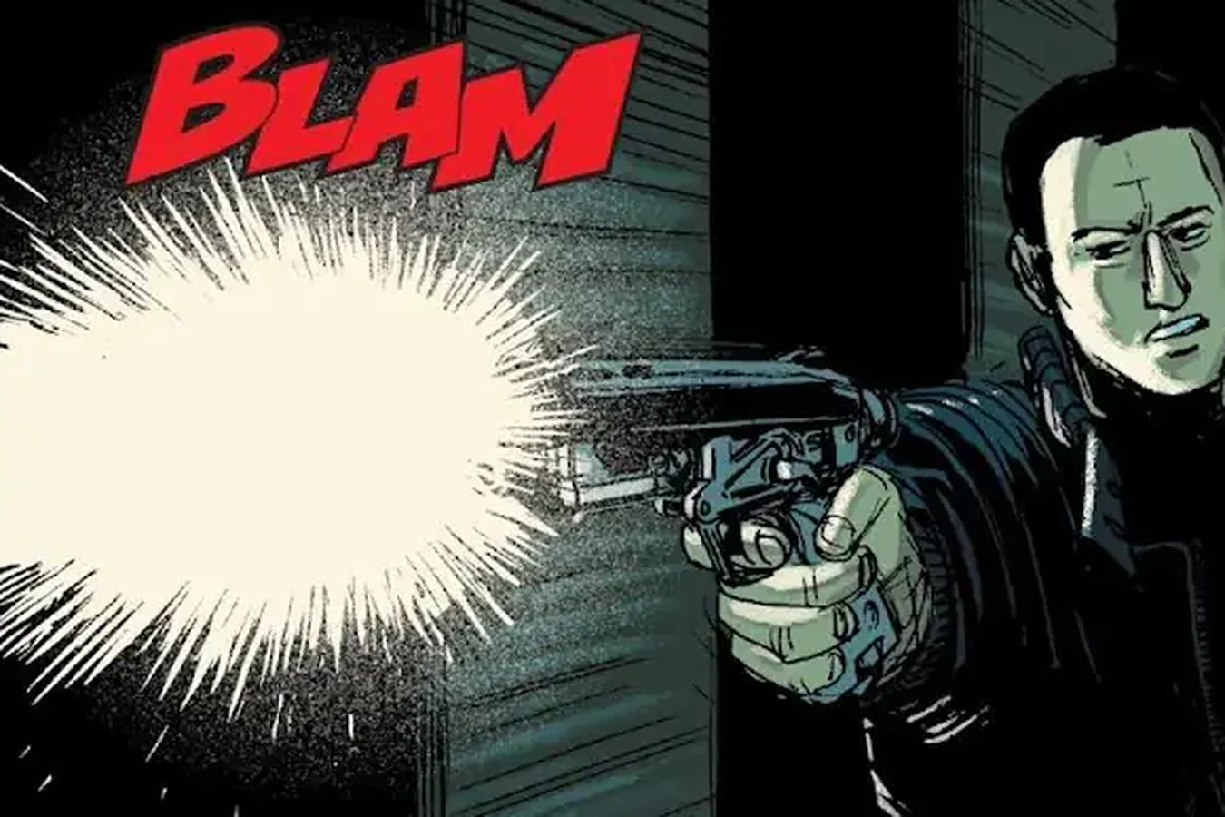 Charlie Victor firing his pistol among the library shelves in Dust to Dust