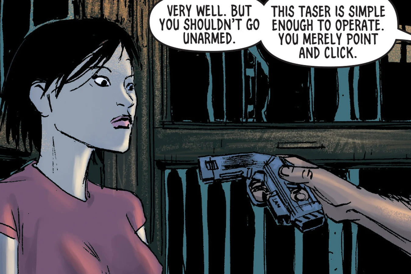 Charlie Victor handing Samantha Wu a taser before the Sentinel Building assault in Dust to Dust