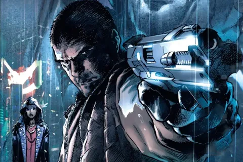A man in a long coat aiming a pistol in the rain, with a hooded woman behind him, from the Dust to Dust volume 1 cover