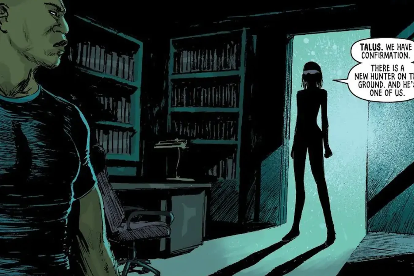 Hope standing in a doorway to tell Talus that a new hunter is in the city in Dust to Dust
