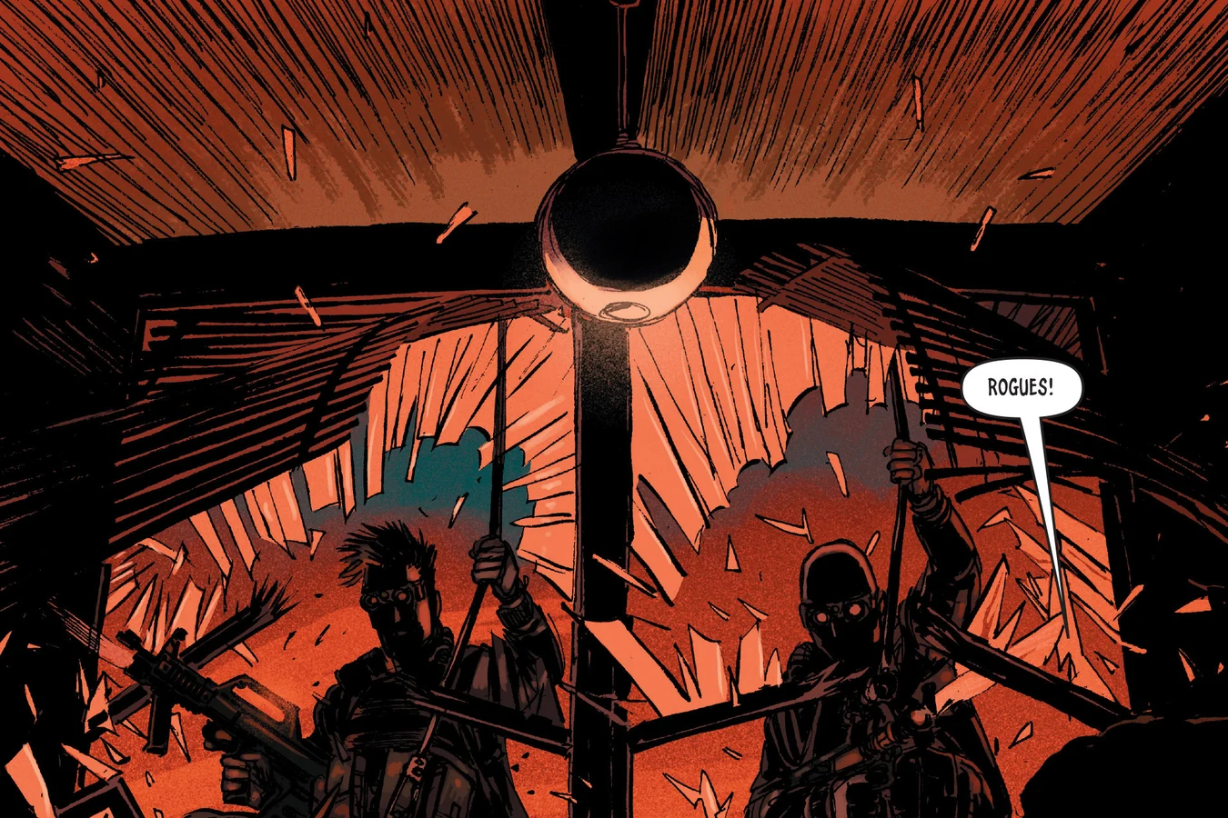 Rogue androids crashing through a window as Samantha Wu shuts her eyes in Dust to Dust