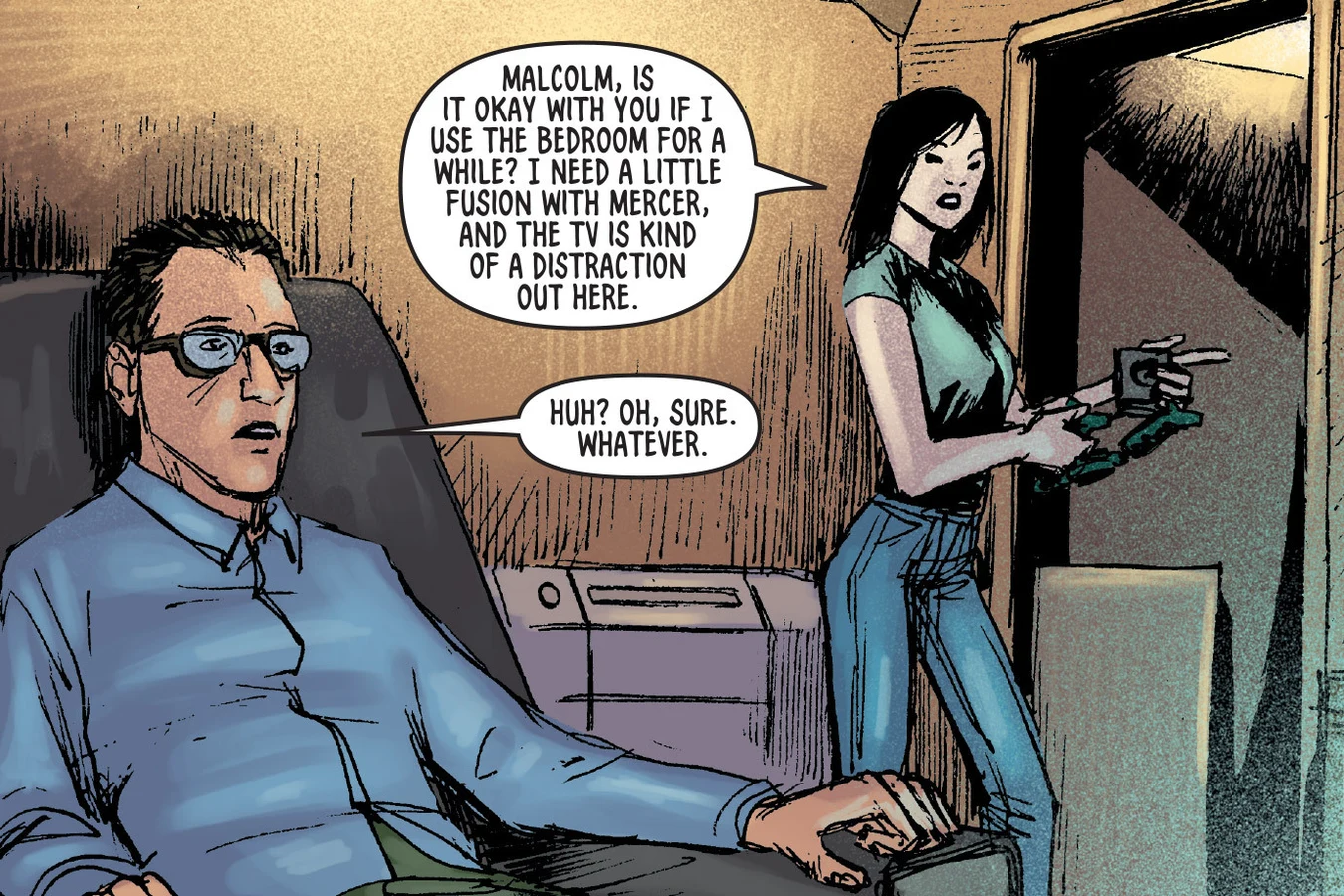 Samantha Wu asking Malcolm Reed for the bedroom so she can use her empathy box, one year later, in Dust to Dust