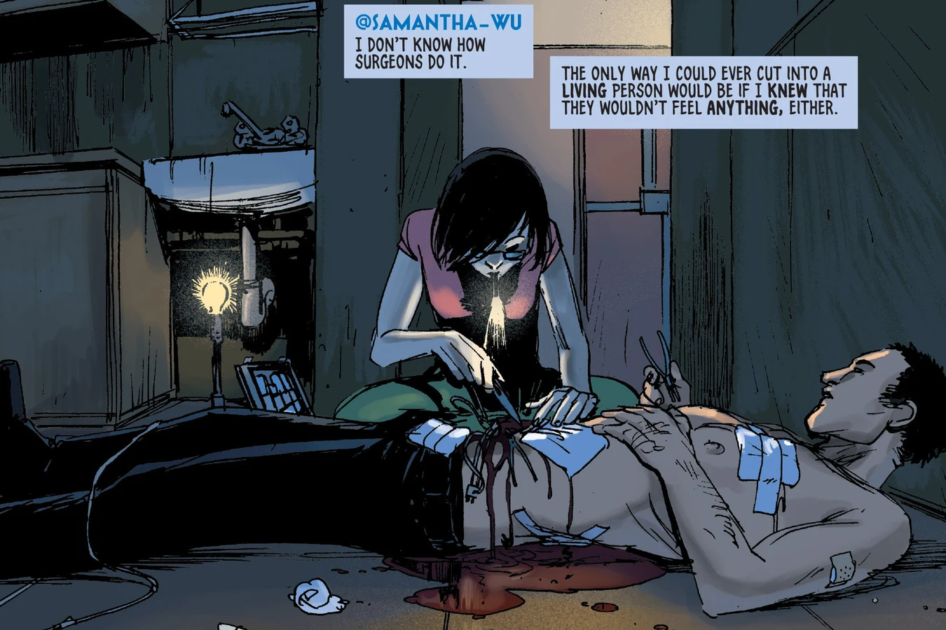 Samantha Wu cutting into Charlie Victor's abdomen by lamplight to repair his damaged systems in Dust to Dust