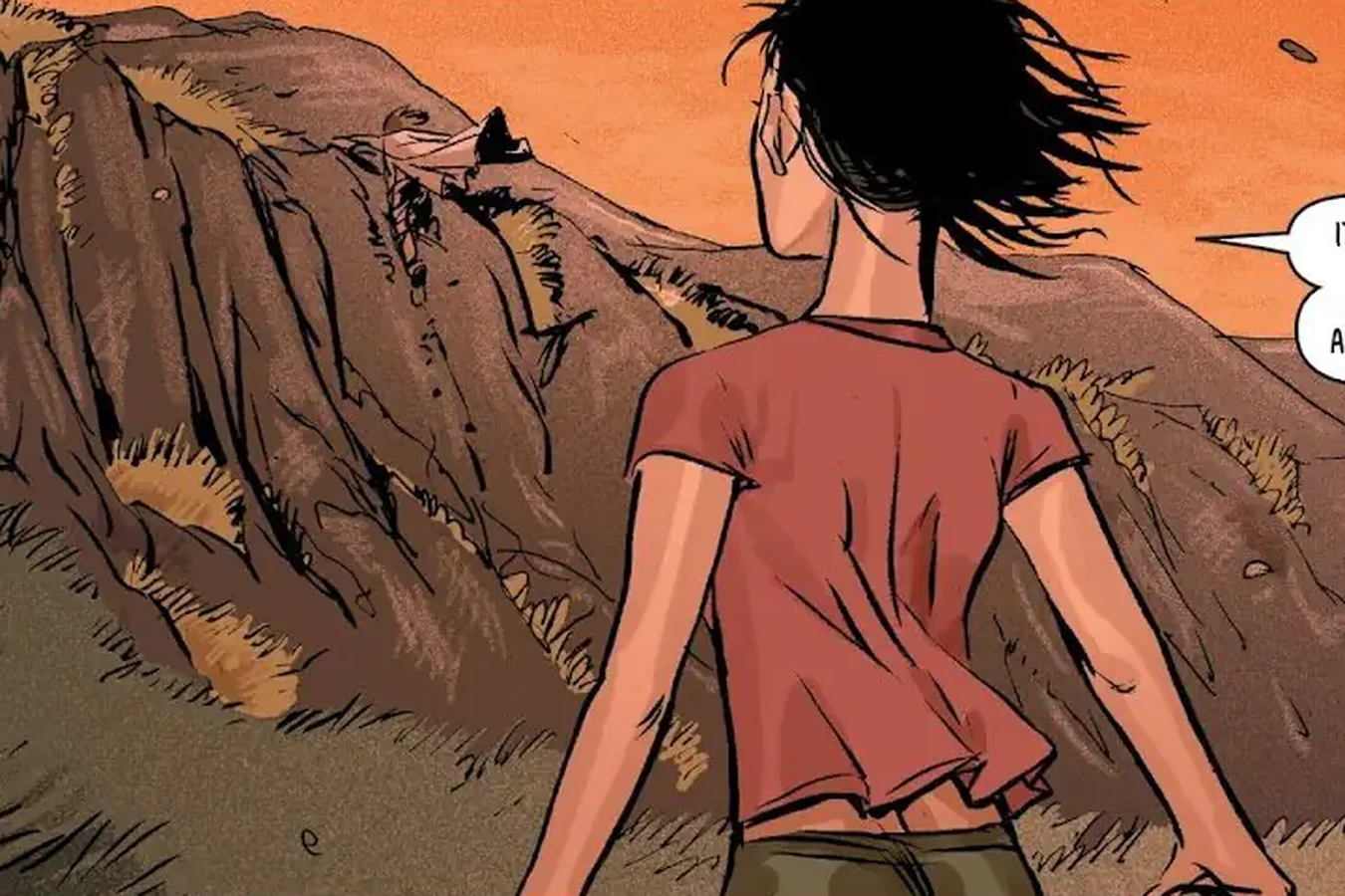 Samantha Wu climbing the barren hillside inside the Mercer vision during her empathy box test in Dust to Dust