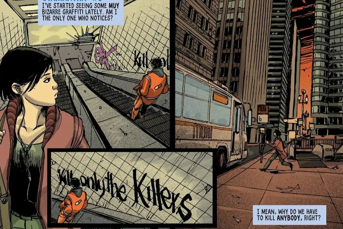 Samantha Wu on a BART platform beside Kill only the Killers graffiti in Dust to Dust