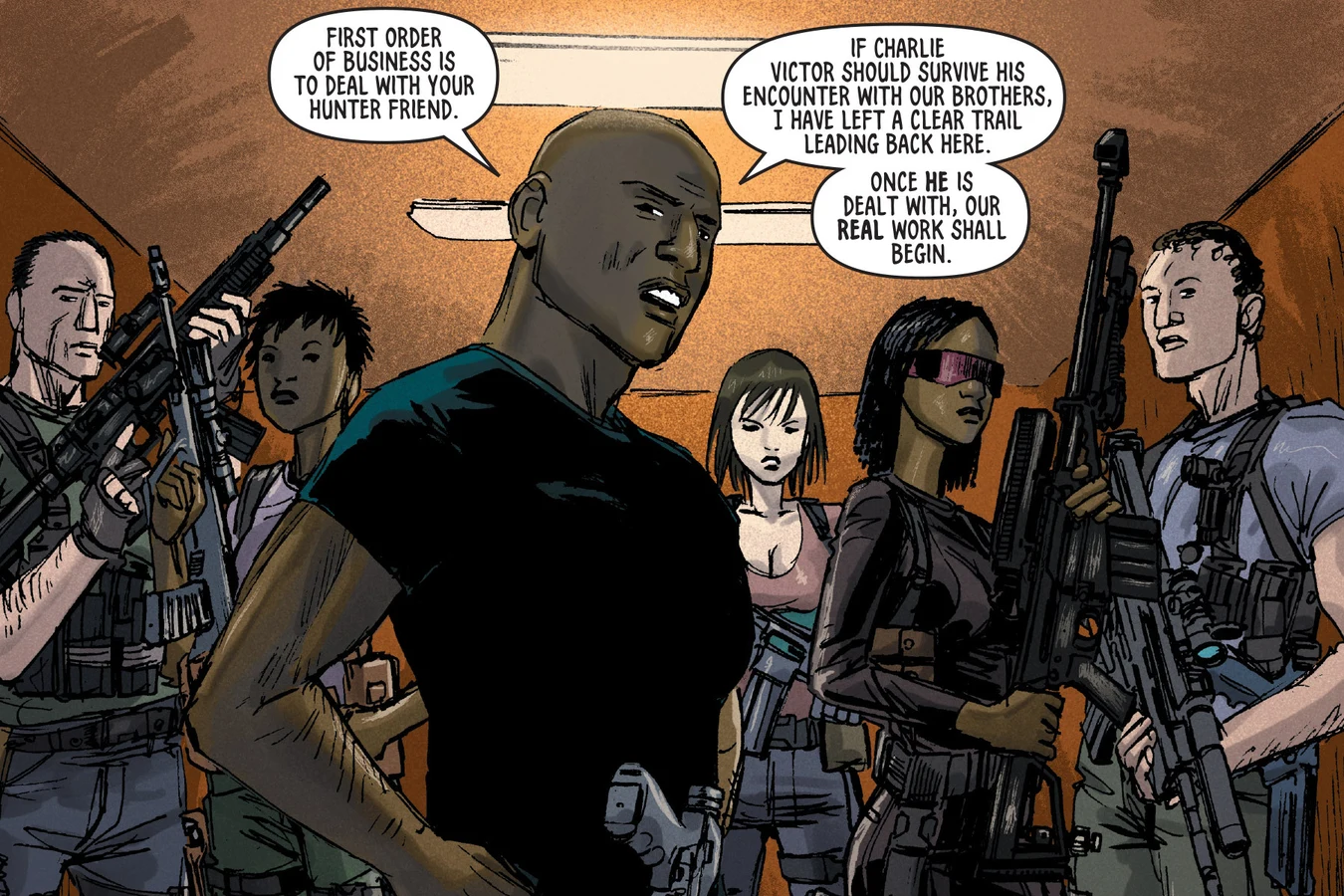 Talus standing in front of his armed rogue androids while they hold Malcolm Reed in Dust to Dust