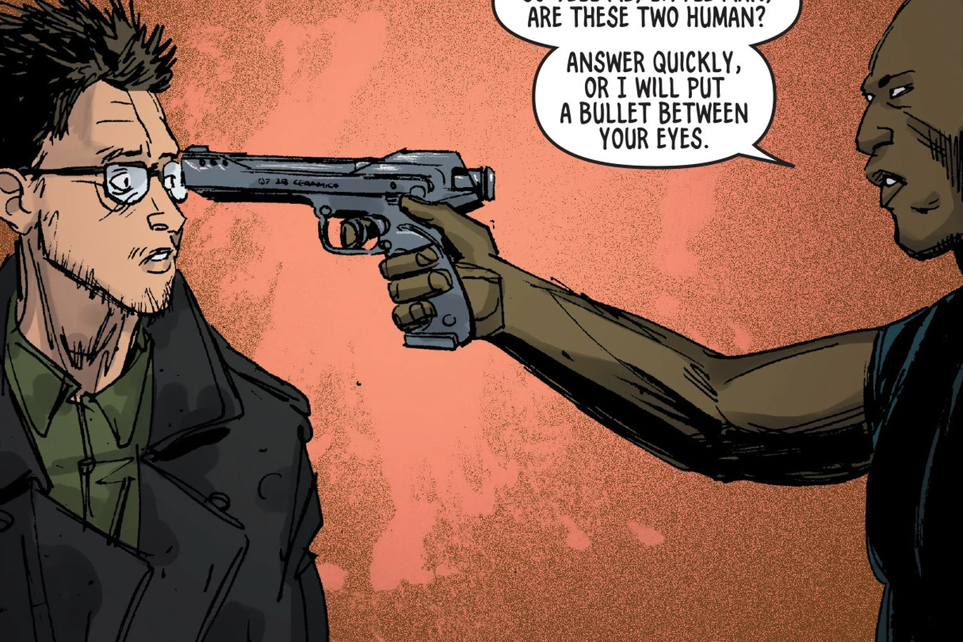 Talus pressing a pistol to Malcolm Reed's forehead and demanding to know whether two men are human in Dust to Dust