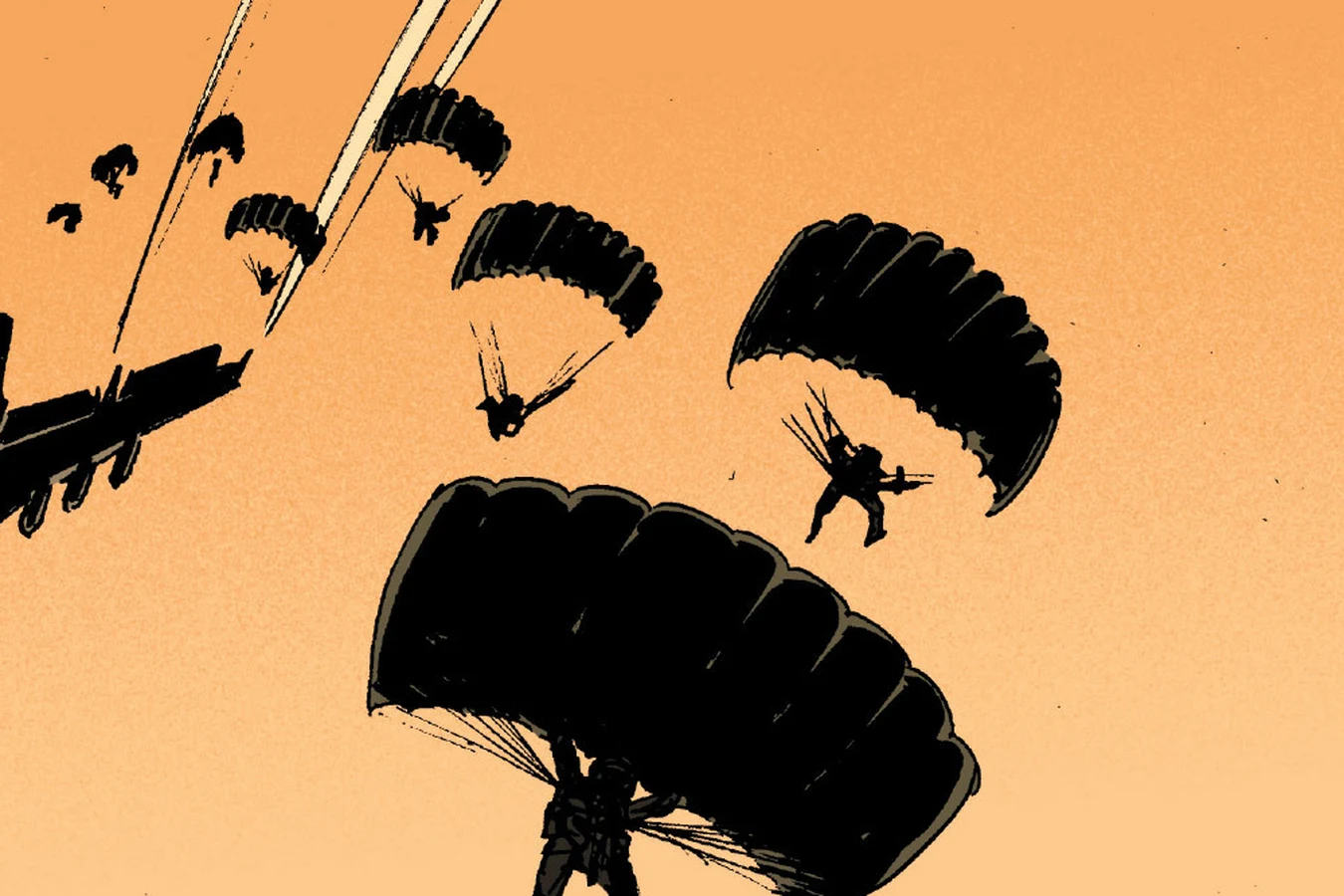 Soldiers parachuting from a transport plane against an orange sky during Talus's war in Dust to Dust