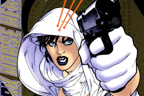 Adam Hughes's cover for Ghost #5, Ghost aiming her pistol as three red Predator laser dots settle on her forehead