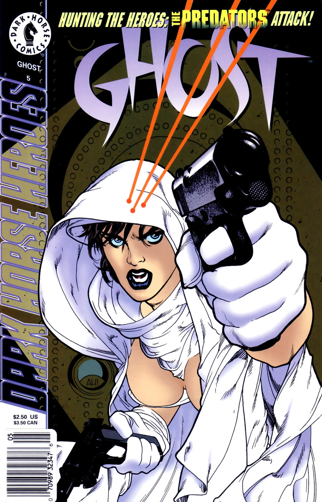 Adam Hughes's cover for Ghost #5, Ghost aiming her pistol as three red Predator laser dots settle on her forehead