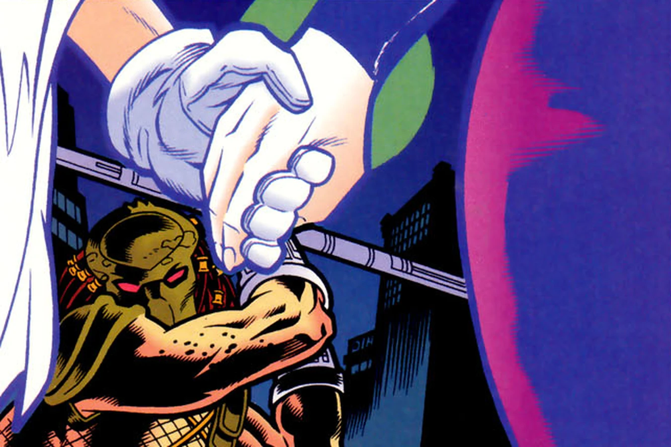The Predator rising with its spear beneath Ghost and Margo's clasped hands in Ghost #5