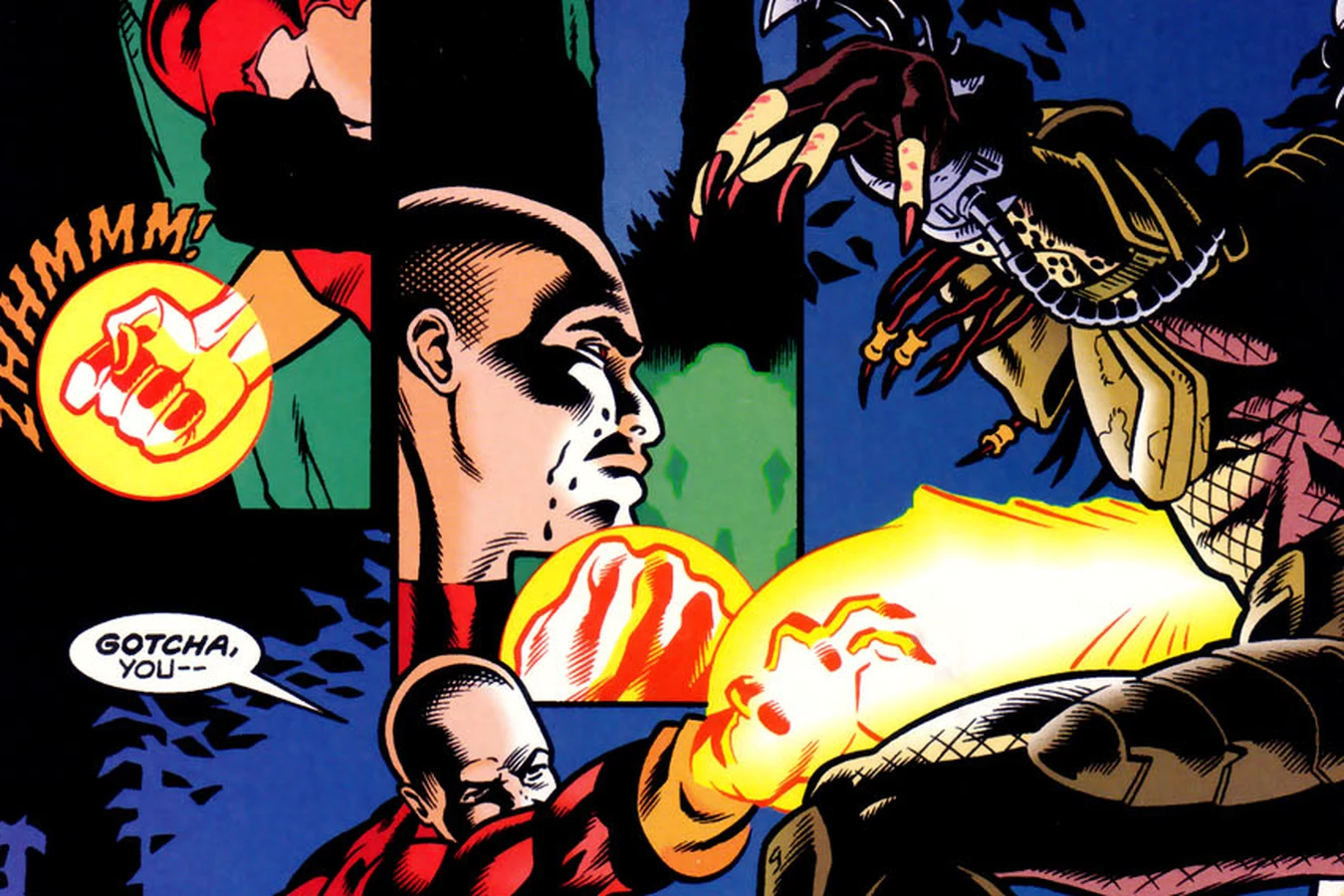 The Predator lunging at Fusion through a plasma blast in the Arcadia woods in Ghost #5